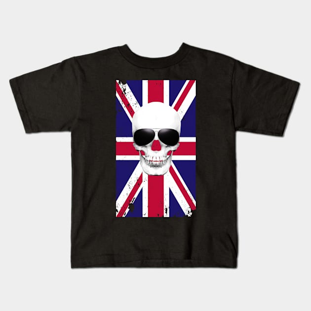 Distressed Union Jack Flag With a Skull Wearing Sunglasses UK United Kingdom Great Britain British Kids T-Shirt by DazzlingApparel